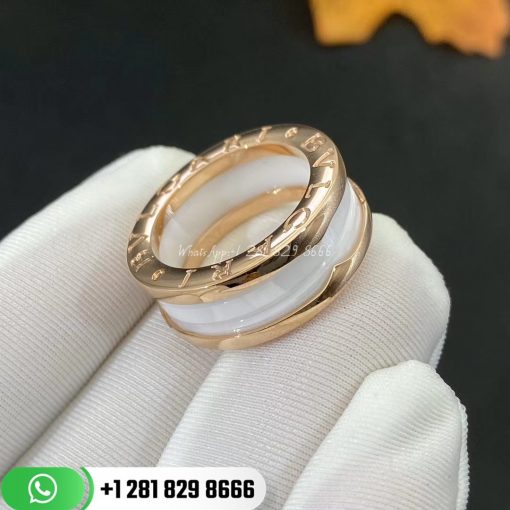 bvlgari b.zero1 two-band ring with two 18k gold loops and a white ceramic spiral