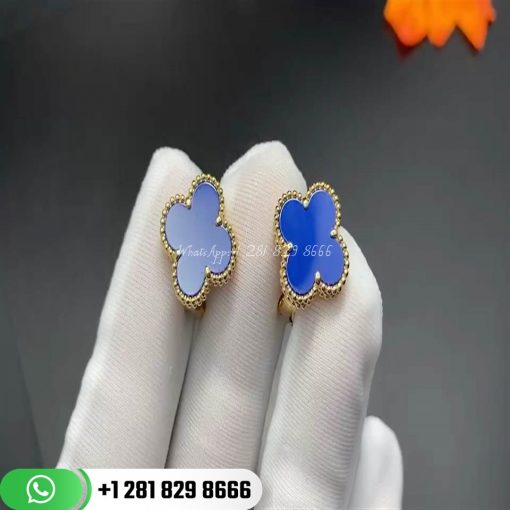 VCARA44400 Vintage Alhambra Earclips, 18K gold, white blue Sèvres porcelain