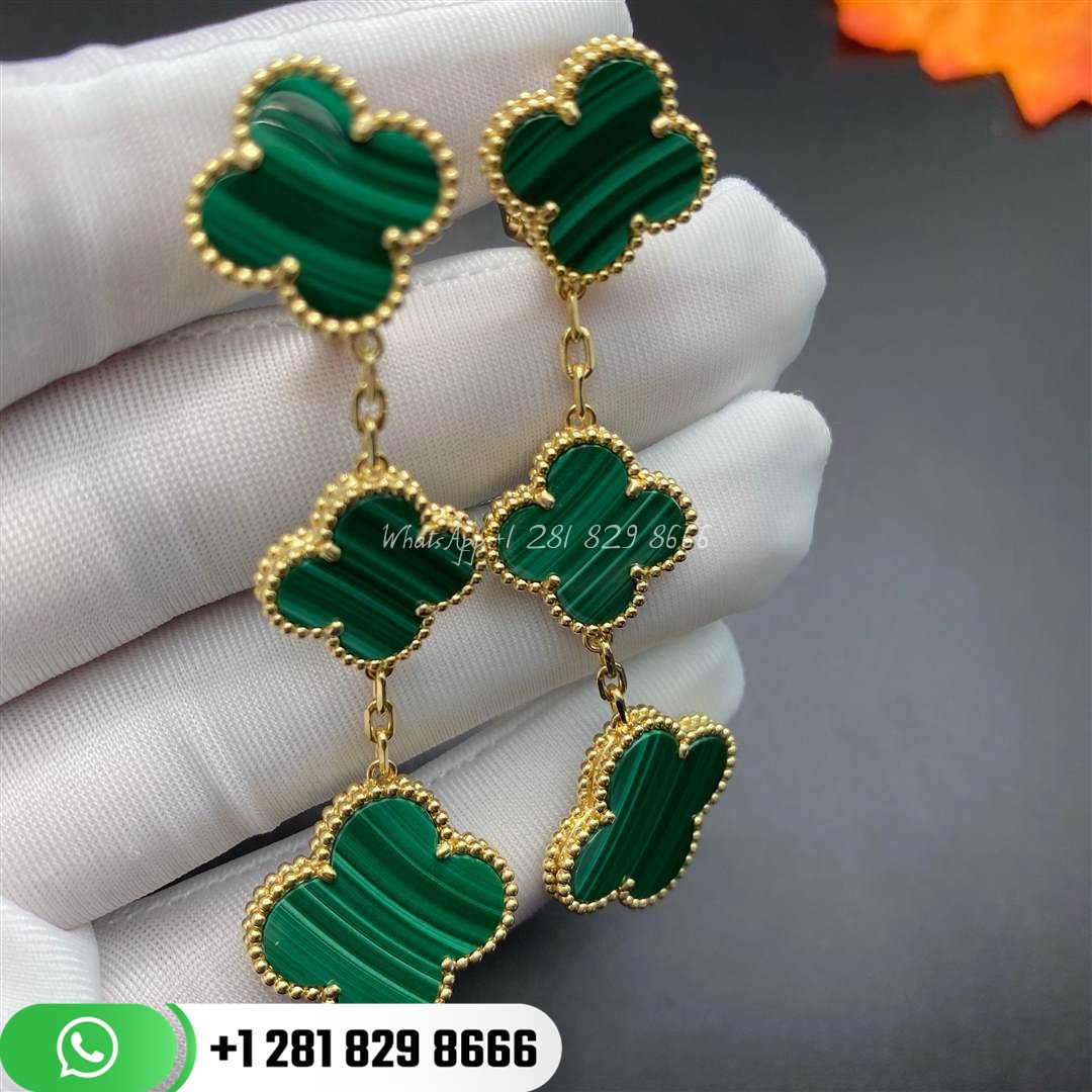 van_cleef_&_arpels_magic_alhambra_earrings_3_motifs_malachite_ (4) VCARO2AG00 Created in 2006 by Van Cleef & Arpels, the Magic Alhambra® jewelry creations gather different-sized Alhambra motifs, coming together in a joyful dance. Inspired by the clover leaf, their asymmetric designs feature different associations of materials.