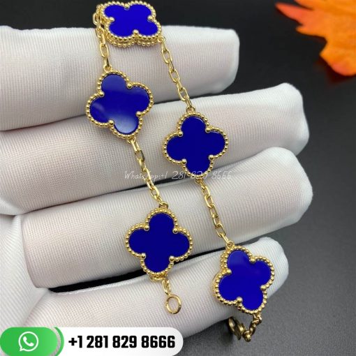 VCARP34900 Vintage Alhambra bracelet, 5 motifs, yellow gold, blue agate.