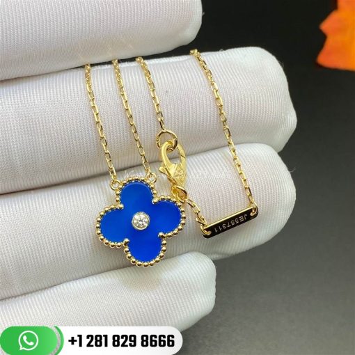 VCARP46000 Vintage Alhambra pendant, yellow gold, Celestial Blue Sèvres porcelain, round diamond; diamond quality DEF, IF to VVS; limited edition.