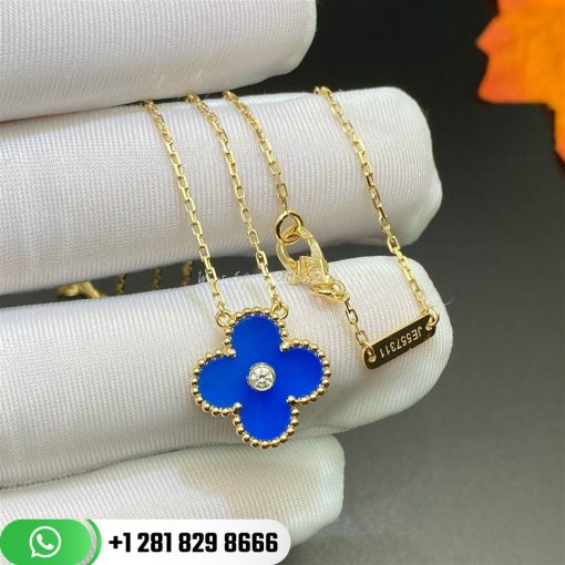 VCARP46000 Vintage Alhambra pendant, yellow gold, Celestial Blue Sèvres porcelain, round diamond; diamond quality DEF, IF to VVS; limited edition.