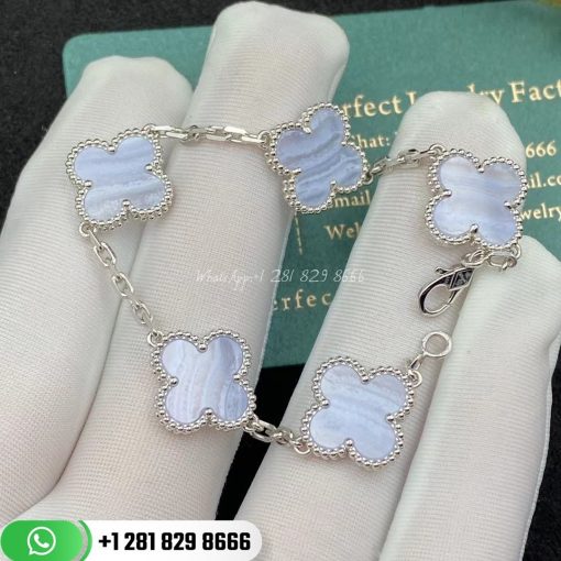 Van Cleef & Arpels Vintage Alhambra Bracelet 5 Motifs White Gold Chalcedony