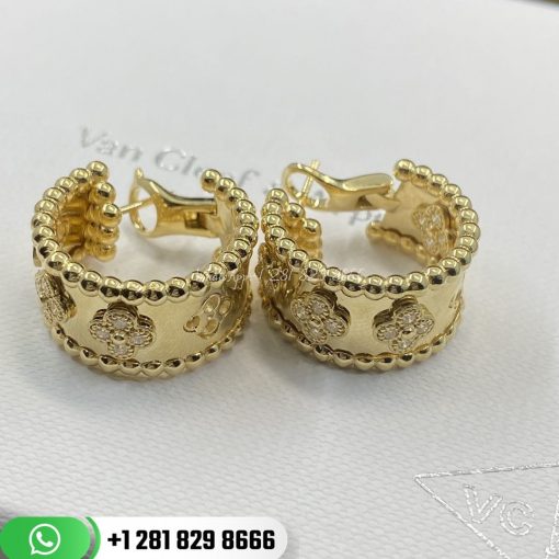 VCARO3YE00 Perlée clovers hoop earrings, yellow gold, round diamonds; diamond quality DEF, IF to VVS.