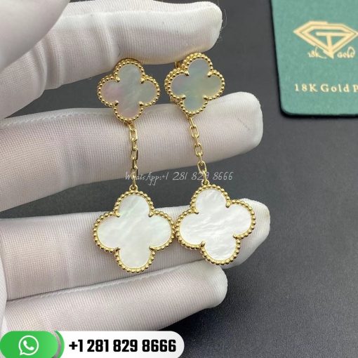 Magic Alhambra earrings, 2 motifs, yellow gold, white mother-of-pearl. VCARD78800