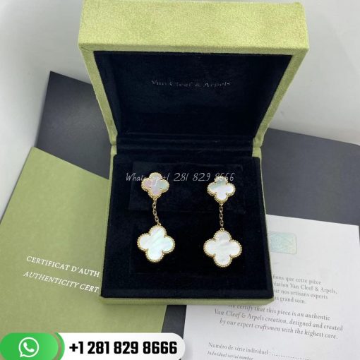 Magic Alhambra earrings, 2 motifs, yellow gold, white mother-of-pearl. VCARD78800