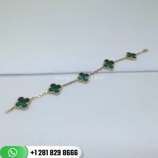 VCARL80900 Vintage Alhambra bracelet, 5 motifs, yellow gold, malachite.