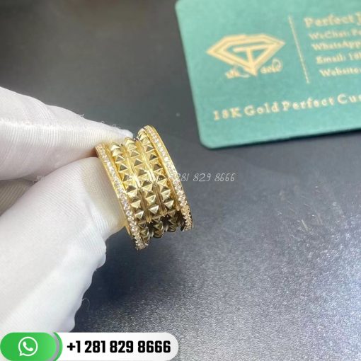 REF . 357894 B.zero1 Rock four-band ring in 18 kt yellow gold with studded spiral and pavé diamonds on the edges. Diamond quality: DEF, IF to VVS