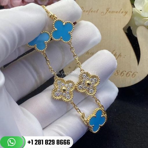 Van Cleef & Arpels Vintage Alhambra Bracelet 5 Motifs Yellow Gold Diamond Turquoise