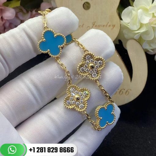 Van Cleef & Arpels Vintage Alhambra Bracelet 5 Motifs Yellow Gold Diamond Turquoise