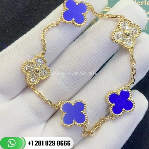 Van Cleef & Arpels Vintage Alhambra Bracelet 5 Motifs Yellow Gold Diamond Lapis lazuli