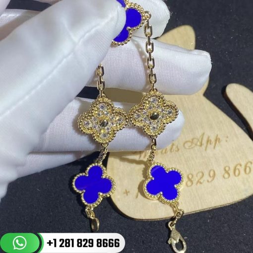 Van Cleef & Arpels Vintage Alhambra Bracelet 5 Motifs Yellow Gold Diamond Lapis lazuli