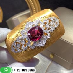 Buccellati Cuff Bracelet Yellow and White Gold with Rubies and Diamonds. Buccellati Opera cuff bracelets with rigato engraving.