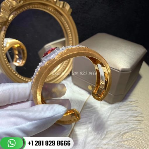 Buccellati Cuff Bracelet Yellow and White Gold with Rubies and Diamonds. Buccellati Opera cuff bracelets with rigato engraving.