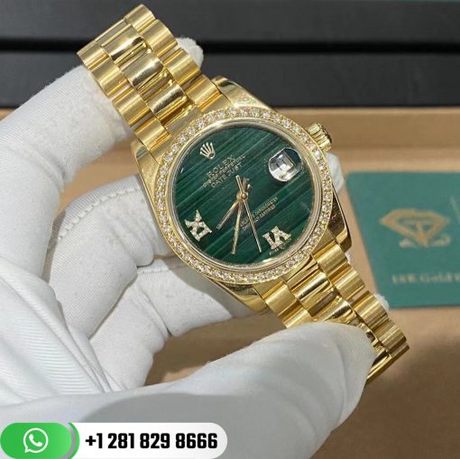 Rolex Yellow Gold Datejust 31 Watch Fluted Bezel Malachite Diamond Six and Nine Dial Oyster Bracelet