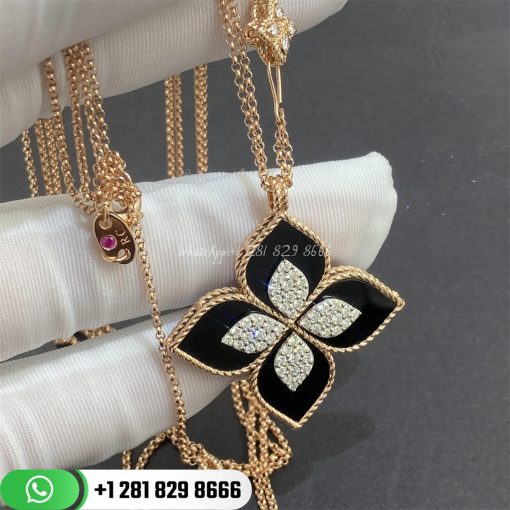 Roberto Coin Princess Flower Pendant in 18k Gold with Black Jade and Diamonds Large Version