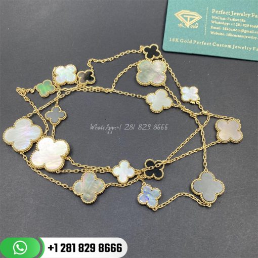 Van Cleef Arpels Magic Alhambra Long Necklace 16 Motifs Yellow Gold Mother Of Pearl Onyx Vcard79400 Custom (3)