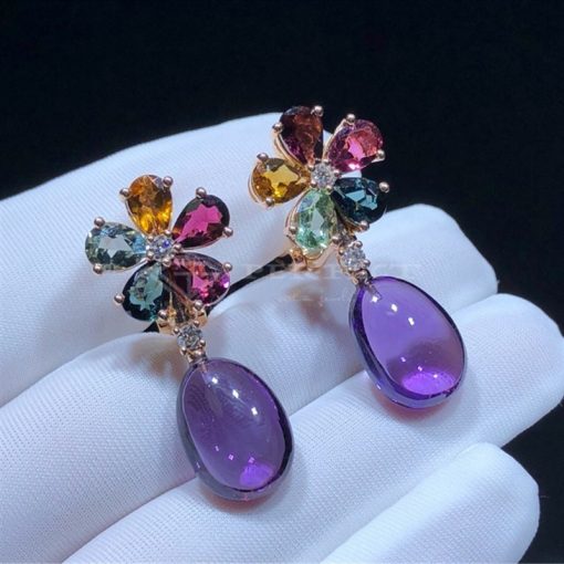 Bvlgari Pair of Gold, Multicolored Sapphire, Diamond and Cabochon Amethyst Flower Pendant-Earrings