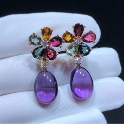 Bvlgari Pair of Gold, Multicolored Sapphire, Diamond and Cabochon Amethyst Flower Pendant-Earrings