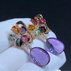 Bvlgari Pair of Gold, Multicolored Sapphire, Diamond and Cabochon Amethyst Flower Pendant-Earrings