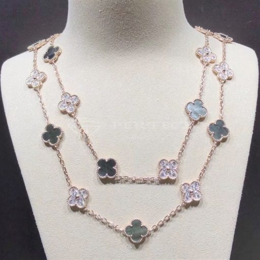 Van Cleef Arpels Vintage Alhambra Long Necklace 20 Motifs Rose Gold Diamond Mother Of Pearl Vcarp2r000 (12)