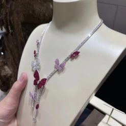 18 Karat White Gold Butterfly-Embellished Diamond, Ruby and Sapphire Necklace By Viggi