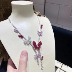 18 Karat White Gold Butterfly-Embellished Diamond, Ruby and Sapphire Necklace By Viggi