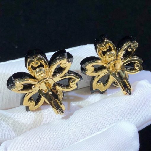 Van Cleef Arpels Rose De Noël Earrings, Small Model Yellow Gold, Diamond, Onyx VCARO9B200