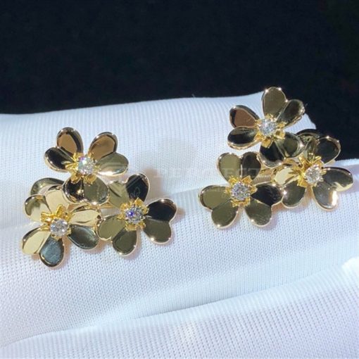 Van Cleef Arpels Frivole Earrings, 3 Flowers, Mini Model Yellow Gold, Diamond VCARP2DV00