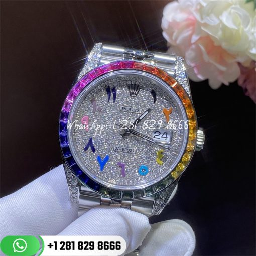 Rolex Datejust 41 Diamond Rainbow Bezel Arabic 41mm Steel Jubilee Watch 126300 Custom Watches Coral (4)