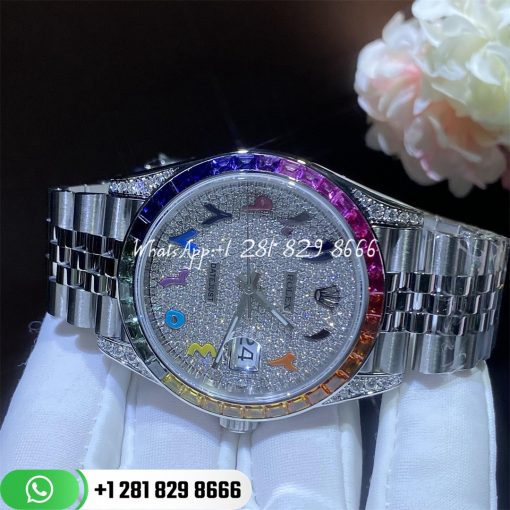 Rolex Datejust 41 Diamond Rainbow Bezel Arabic 41mm Steel Jubilee Watch 126300 Custom Watches Coral (6)