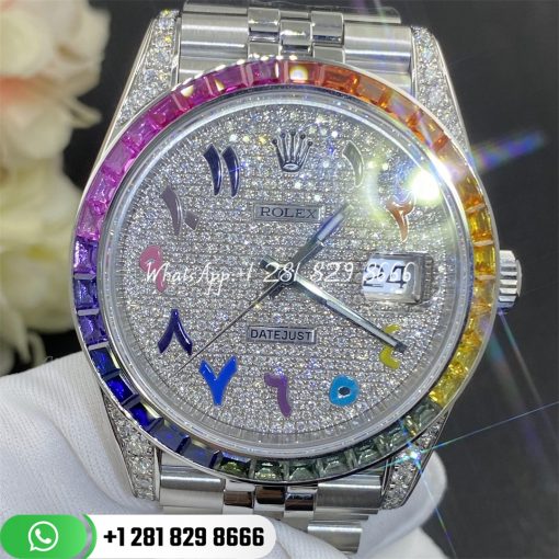 Rolex Datejust 41 Diamond Rainbow Bezel Arabic 41mm Steel Jubilee Watch 126300 Custom Watches Coral (7)