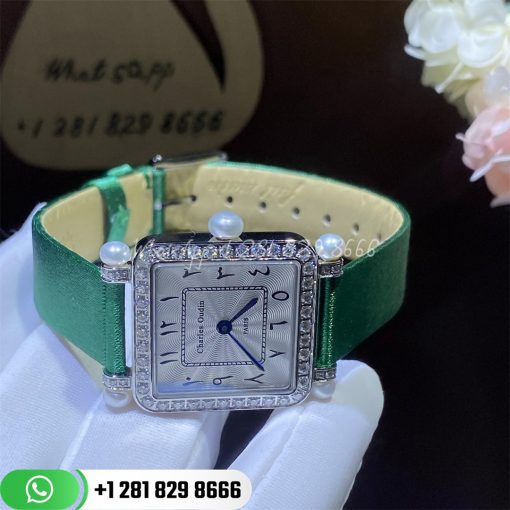 Charles Oudin Pansy Retro With Pearls Watch Medium 24mm Arabic Style Green Straps Coral (6)